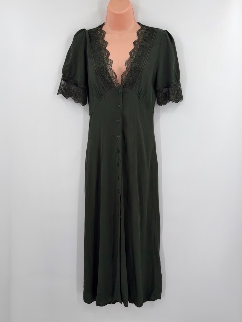 Zara Lace Trim Button Front V-Neck Midi Dress | Dark Green | XS